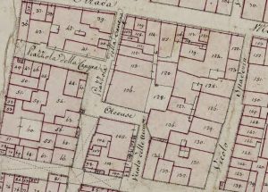 Particolare tratto dal Catasto Gregoriano (1835) della città di Bologna, messo a disposizione dall'Archivio di Stato di Roma con il progetto "Imago II".