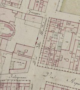 Particolare tratto dal Catasto Gregoriano (1835) della città di Bologna, messo a disposizione dall'Archivio di Stato di Roma con il progetto "Imago II".