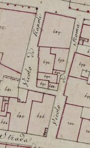 Particolare tratto dal Catasto Gregoriano (1835) della città di Bologna, messo a disposizione dall'Archivio di Stato di Roma con il progetto "Imago II".