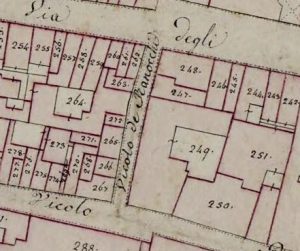 Particolare tratto dal Catasto Gregoriano (1835) della città di Bologna, messo a disposizione dall'Archivio di Stato di Roma con il progetto "Imago II".