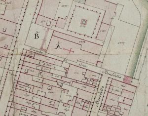 Particolare tratto dal Catasto Gregoriano (1835) della città di Bologna, messo a disposizione dall'Archivio di Stato di Roma con il progetto "Imago II".