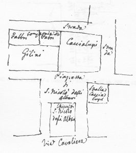 Immagine tratta dagli schizzi topografici disegnati da Giuseppe Guidicini a corredo delle note manoscritte delle "Cose Notabili ..." e pubblicati per la prima volta da Arnaldo Forni nel 2000.