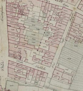 Particolare tratto dal Catasto Gregoriano (1835) della città di Bologna, messo a disposizione dall'Archivio di Stato di Roma con il progetto "Imago II".