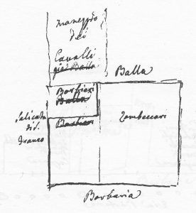Immagine tratta dagli schizzi topografici disegnati da Giuseppe Guidicini a corredo delle note manoscritte delle "Cose Notabili ..." e pubblicati per la prima volta da Arnaldo Forni nel 2000.