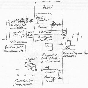 Immagine tratta dagli schizzi topografici disegnati da Giuseppe Guidicini a corredo delle note manoscritte delle "Cose Notabili ..." e pubblicati per la prima volta da Arnaldo Forni nel 2000.