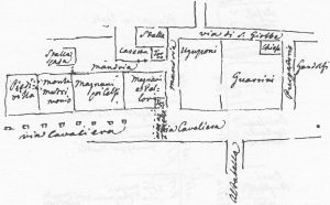 Immagine tratta dagli schizzi topografici disegnati da Giuseppe Guidicini a corredo delle note manoscritte delle "Cose Notabili ..." e pubblicati per la prima volta da Arnaldo Forni nel 2000.