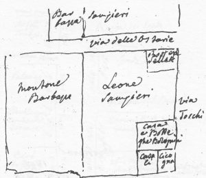 (Nord verso il basso) Angolo tra via Clavature, in basso, non indicata, e via de' Toschi, a destra. Sono indicate le due osterie del Montone e del Leone, altre proprietà preesistenti al palazzo Pepoli Campogrande e il vicolo delle Osterie di cui esiste un relitto a meridione del palazzo Pepoli Campogrande.