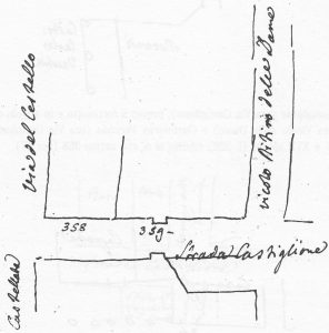 (Il Nord è verso destra). Tratto di Strada Castiglione compreso tra via del Cestello / Castelleata e il vicolo Ritiro delle Dame (oggi vicolo delle Dame). Le case agli antichi numeri 358 e 359 corrisondono ai moderni 47/2 e 47 di via Castiglione. All'altezze del numero 359 si nota il restringimento del torresotto di Castiglione.