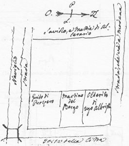 (Il Nord è verso destra) Terreno compreso tra la Grada e porta San felice con i terreni acquistati dalle monache cistercensi ne 1251, che poi si trasferirono in Strada Castiglione nel 1357.