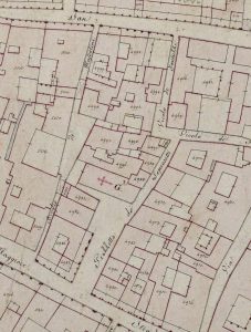 Particolare tratto dal Catasto Gregoriano (1835) della città di Bologna, messo a disposizione dall'Archivio di Stato di Roma con il progetto "Imago II".
