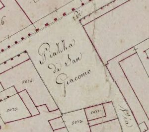 Particolare tratto dal Catasto Gregoriano (1835) della città di Bologna, messo a disposizione dall'Archivio di Stato di Roma con il progetto "Imago II".