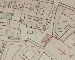 Particolare tratto dal Catasto Gregoriano (1835) della città di Bologna, messo a disposizione dall'Archivio di Stato di Roma con il progetto "Imago II".