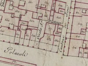 Particolare tratto dal Catasto Gregoriano (1835) della città di Bologna, messo a disposizione dall'Archivio di Stato di Roma con il progetto "Imago II".