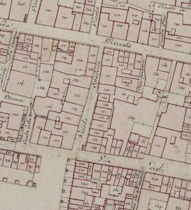 Particolare tratto dal Catasto Gregoriano (1835) della città di Bologna, messo a disposizione dall'Archivio di Stato di Roma con il progetto "Imago II".