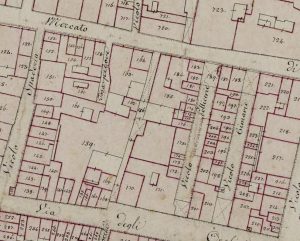 Particolare tratto dal Catasto Gregoriano (1835) della città di Bologna, messo a disposizione dall'Archivio di Stato di Roma con il progetto "Imago II".