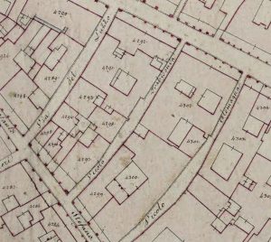Particolare tratto dal Catasto Gregoriano (1835) della città di Bologna, messo a disposizione dall'Archivio di Stato di Roma con il progetto "Imago II".