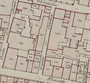 Particolare tratto dal Catasto Gregoriano (1835) della città di Bologna, messo a disposizione dall'Archivio di Stato di Roma con il progetto "Imago II".