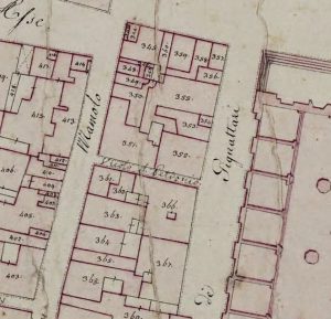 Particolare tratto dal Catasto Gregoriano (1835) della città di Bologna, messo a disposizione dall'Archivio di Stato di Roma con il progetto "Imago II".