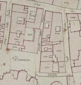 Particolare tratto dal Catasto Gregoriano (1835) della città di Bologna, messo a disposizione dall'Archivio di Stato di Roma con il progetto "Imago II".