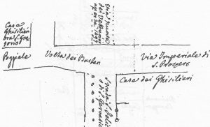 Immagine tratta dagli schizzi topografici disegnati da Giuseppe Guidicini a corredo delle note manoscritte delle "Cose Notabili ..." e pubblicati per la prima volta da Arnaldo Forni nel 2000.