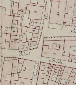 Particolare tratto dal Catasto Gregoriano (1835) della città di Bologna, messo a disposizione dall'Archivio di Stato di Roma con il progetto "Imago II".