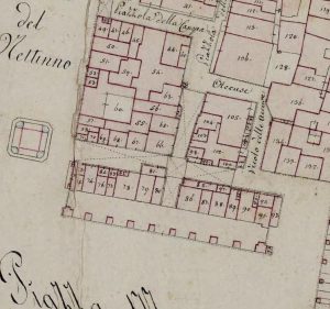 Particolare tratto dal Catasto Gregoriano (1835) della città di Bologna, messo a disposizione dall'Archivio di Stato di Roma con il progetto "Imago II".