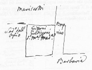 Immagine tratta dagli schizzi topografici disegnati da Giuseppe Guidicini a corredo delle note manoscritte delle "Cose Notabili ..." e pubblicati per la prima volta da Arnaldo Forni nel 2000.