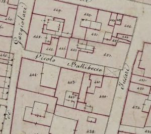 Particolare tratto dal Catasto Gregoriano (1835) della città di Bologna, messo a disposizione dall'Archivio di Stato di Roma con il progetto "Imago II".