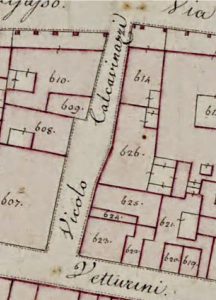 Particolare tratto dal Catasto Gregoriano (1835) della città di Bologna, messo a disposizione dall'Archivio di Stato di Roma con il progetto "Imago II".