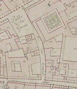 Particolare tratto dal Catasto Gregoriano (1835) della città di Bologna, messo a disposizione dall'Archivio di Stato di Roma con il progetto "Imago II".