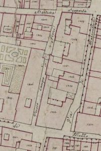 Particolare tratto dal Catasto Gregoriano (1835) della città di Bologna, messo a disposizione dall'Archivio di Stato di Roma con il progetto "Imago II".
