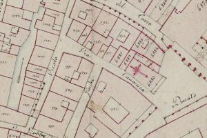 Particolare tratto dal Catasto Gregoriano (1835) della città di Bologna, messo a disposizione dall'Archivio di Stato di Roma con il progetto "Imago II".