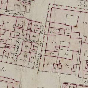 Particolare tratto dal Catasto Gregoriano (1835) della città di Bologna, messo a disposizione dall'Archivio di Stato di Roma con il progetto "Imago II".