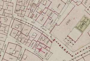 Particolare tratto dal Catasto Gregoriano (1835) della città di Bologna, messo a disposizione dall'Archivio di Stato di Roma con il progetto "Imago II".