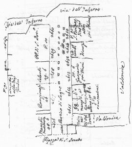 Immagine tratta dagli schizzi topografici disegnati da Giuseppe Guidicini a corredo delle note manoscritte delle "Cose Notabili ..." e pubblicati per la prima volta da Arnaldo Forni nel 2000.