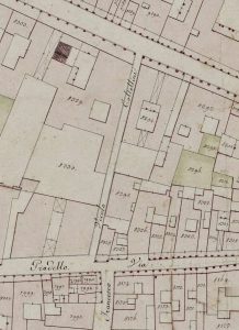 Particolare tratto dal Catasto Gregoriano (1835) della città di Bologna, messo a disposizione dall'Archivio di Stato di Roma con il progetto "Imago II".