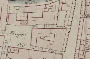 Particolare tratto dal Catasto Gregoriano (1835) della città di Bologna, messo a disposizione dall'Archivio di Stato di Roma con il progetto "Imago II".