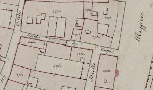 Particolare tratto dal Catasto Gregoriano (1835) della città di Bologna, messo a disposizione dall'Archivio di Stato di Roma con il progetto "Imago II".