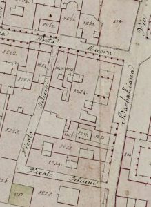 Particolare tratto dal Catasto Gregoriano (1835) della città di Bologna, messo a disposizione dall'Archivio di Stato di Roma con il progetto "Imago II".