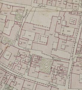 Particolare tratto dal Catasto Gregoriano (1835) della città di Bologna, messo a disposizione dall'Archivio di Stato di Roma con il progetto "Imago II".