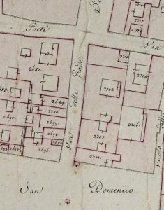 Particolare tratto dal Catasto Gregoriano (1835) della città di Bologna, messo a disposizione dall'Archivio di Stato di Roma con il progetto "Imago II".
