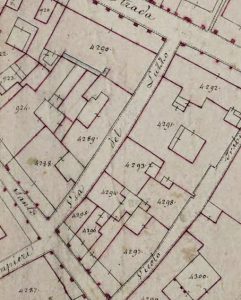 Particolare tratto dal Catasto Gregoriano (1835) della città di Bologna, messo a disposizione dall'Archivio di Stato di Roma con il progetto "Imago II".