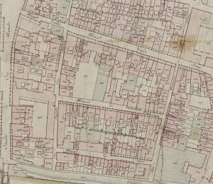 Particolare tratto dal Catasto Gregoriano (1835) della città di Bologna, messo a disposizione dall'Archivio di Stato di Roma con il progetto "Imago II".
