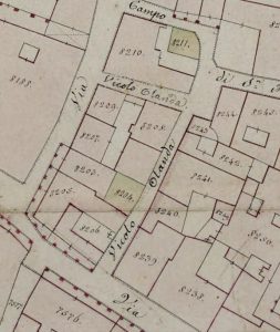 Particolare tratto dal Catasto Gregoriano (1835) della città di Bologna, messo a disposizione dall'Archivio di Stato di Roma con il progetto "Imago II".