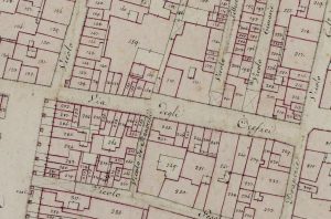 Particolare tratto dal Catasto Gregoriano (1835) della città di Bologna, messo a disposizione dall'Archivio di Stato di Roma con il progetto "Imago II".