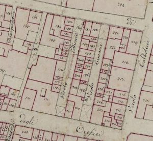 Particolare tratto dal Catasto Gregoriano (1835) della città di Bologna, messo a disposizione dall'Archivio di Stato di Roma con il progetto "Imago II".