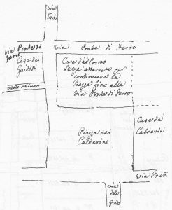 Immagine tratta dagli schizzi topografici disegnati da Giuseppe Guidicini a corredo delle note manoscritte delle "Cose Notabili ..." e pubblicati per la prima volta da Arnaldo Forni nel 2000.