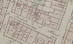 Particolare tratto dal Catasto Gregoriano (1835) della città di Bologna, messo a disposizione dall'Archivio di Stato di Roma con il progetto "Imago II".
