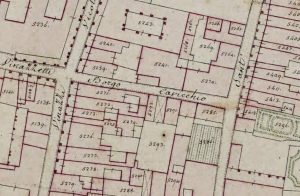 Particolare tratto dal Catasto Gregoriano (1835) della città di Bologna, messo a disposizione dall'Archivio di Stato di Roma con il progetto "Imago II".