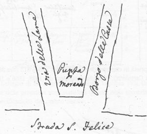 Immagine tratta dagli schizzi topografici disegnati da Giuseppe Guidicini a corredo delle note manoscritte delle "Cose Notabili ..." e pubblicati per la prima volta da Arnaldo Forni nel 2000.